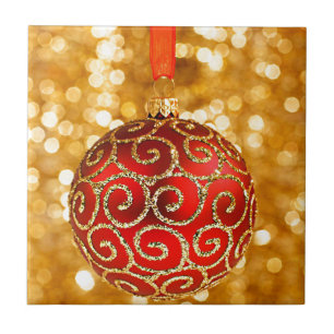 Christmas Ornament Red with Gold Twinkle Lights Tile