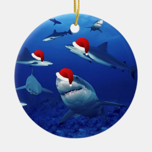 Christmas Ornament-Santa Sharks Ceramic Tree Decoration (Front)
