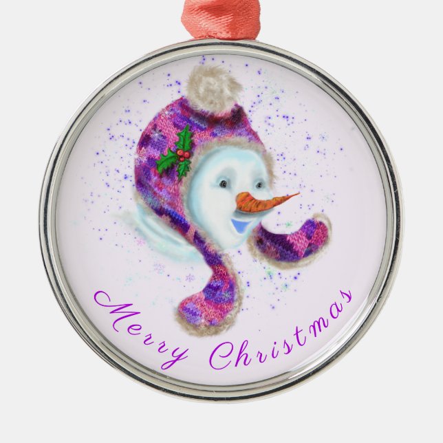 Christmas Ornament Snowman In Purple Beanie Hat (Front)