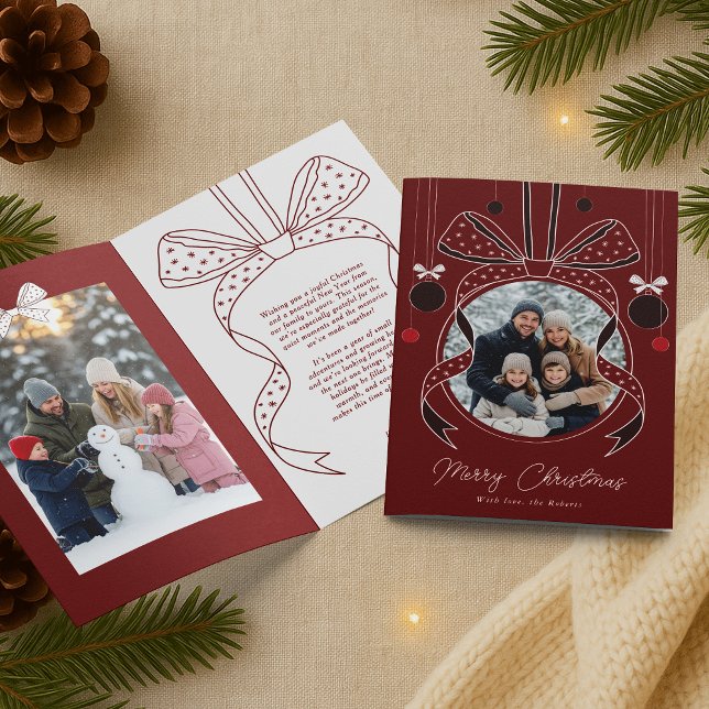Christmas Ornament Unique Ribbon Bow Two Photos Card (elegant whimsical bows and Christmas ornament photo holiday greeting cards in red & white)