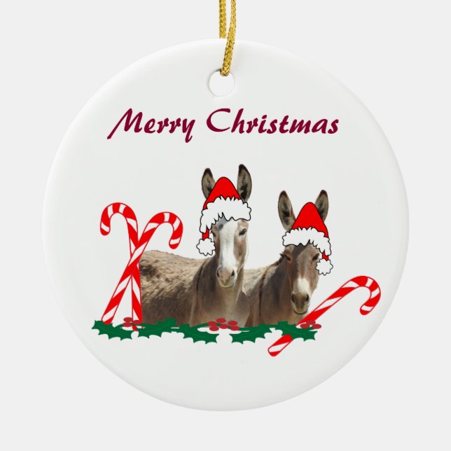 Christmas ornament, wildlife, donkeys ceramic tree decoration (Front)