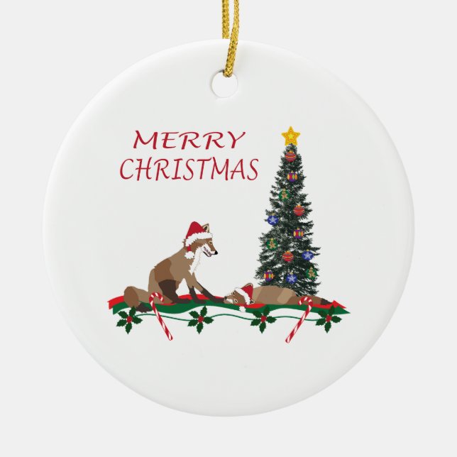 Christmas Ornament, wildlife, mom and baby fox Ceramic Tree Decoration (Front)
