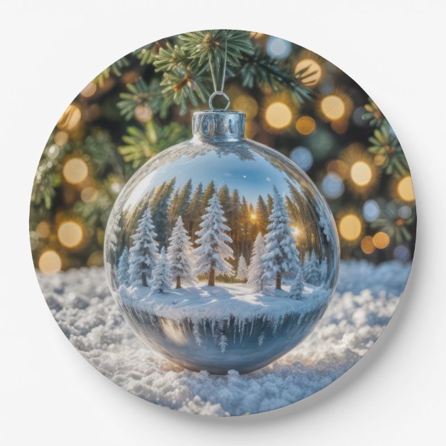 Christmas Ornament With a Winter Forest Scene Paper Plate (Front)