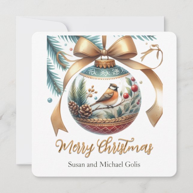 Christmas Ornament with Bird and Gold Ribbon  Holiday Card (Front)