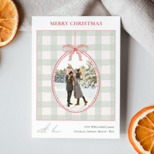 Christmas Ornament With Bow On Green Gingham Plaid Holiday Card