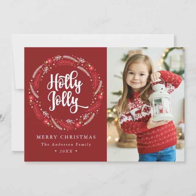Christmas Ornament Wreath Holly Jolly Photo Holiday Card (Front)