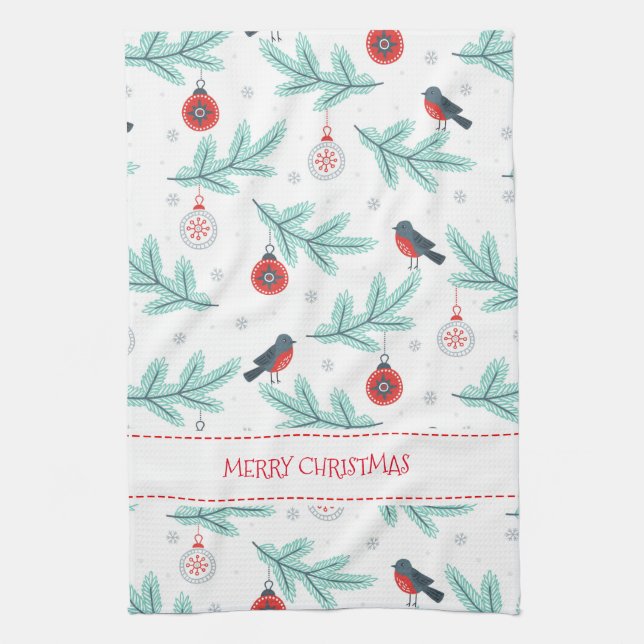 Christmas Ornaments Birds & Winter Foliage Pattern Tea Towel (Vertical)