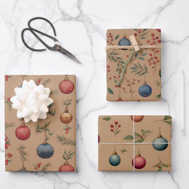 Christmas Ornaments Brown  Wrapping Paper Sheet (Front)
