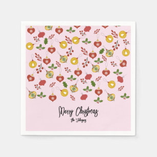 Christmas Ornaments Festive Greenery Pink Napkin