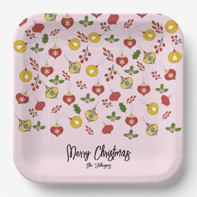 Christmas Ornaments Festive Greenery  Pink     Paper Plate (Front)