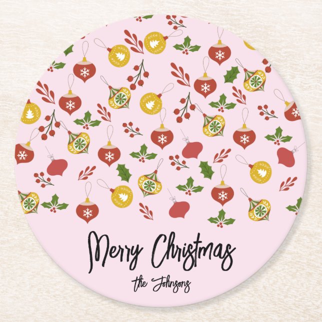 Christmas Ornaments Festive Greenery  Pink     Round Paper Coaster (Front)