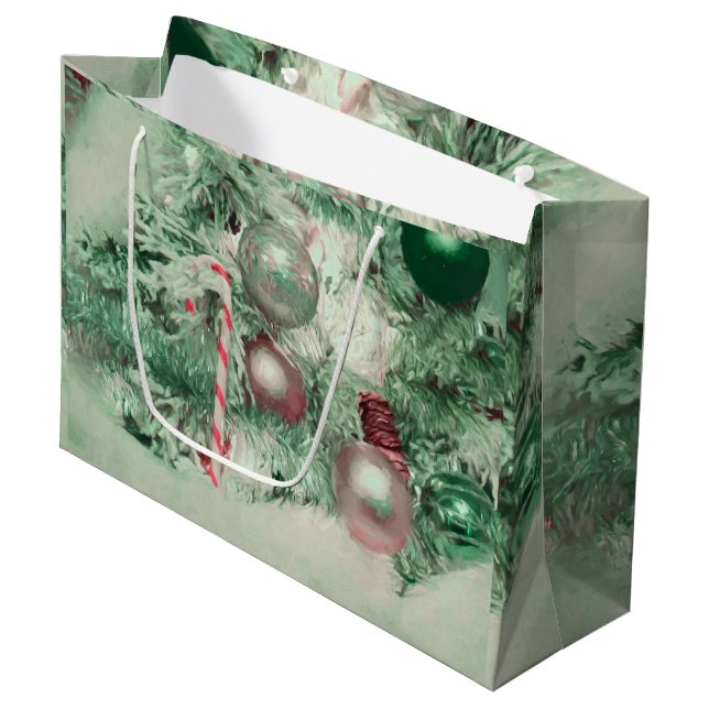 Christmas Ornaments Green Pink Holiday Tree Large Gift Bag (Front Angled)
