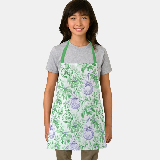 Christmas ornaments green purple toile apron (Insitu)