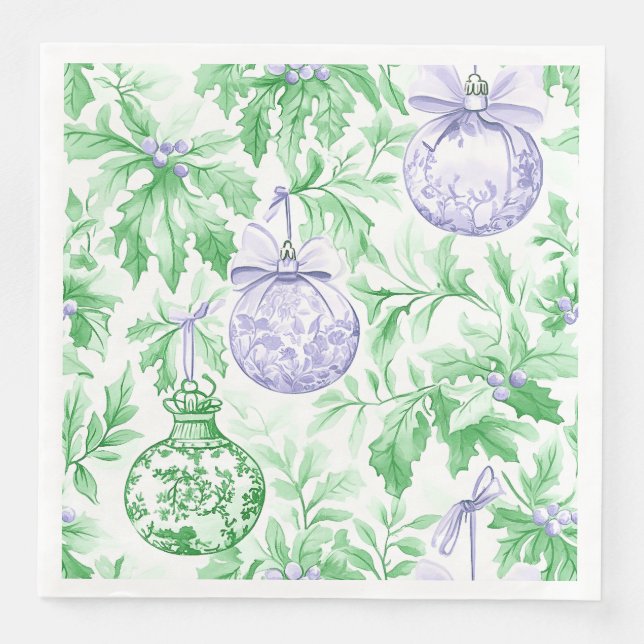 Christmas ornaments green purple toile napkin (Front)