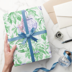 Christmas ornaments green purple toile  wrapping paper