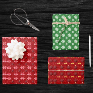Christmas Ornaments Green Red Bells Bow Snowflakes Wrapping Paper Sheet