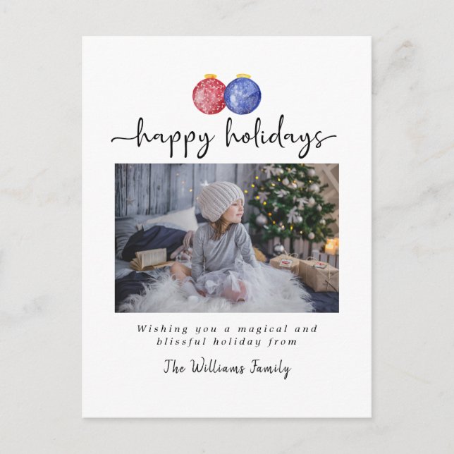Christmas Ornaments Happy Holidays 1 Photo Elegant Holiday Postcard (Front)