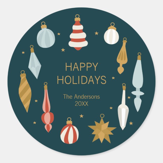 Christmas Ornaments Happy Holidays Classic Round Sticker (Front)