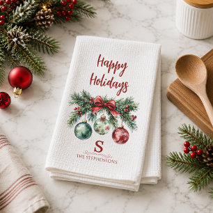 Christmas Ornaments Happy Holidays Monogram Name Tea Towel