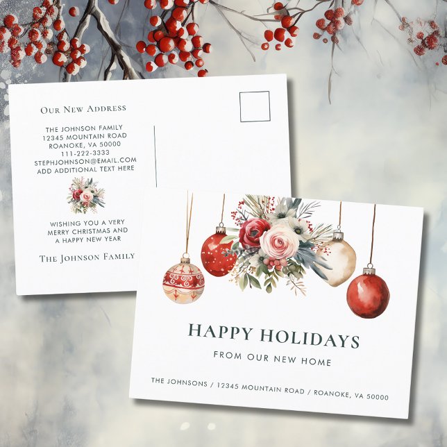 Christmas Ornaments Holiday Floral New Home   Announcement Postcard (Christmas Ornaments Holiday Floral New Home Announcement Postcard)