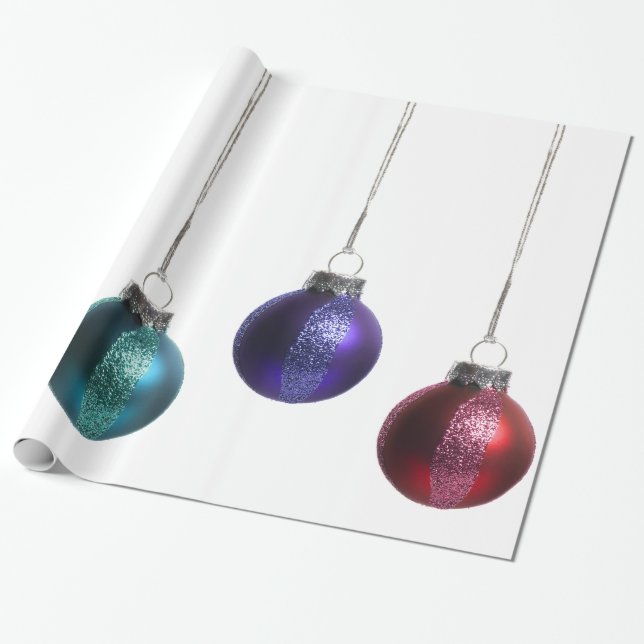 Christmas Ornaments in Teal Purple Red Green Gold Wrapping Paper (Unrolled)