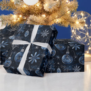 Christmas Ornaments Lights Floral Blue Christmas Wrapping Paper