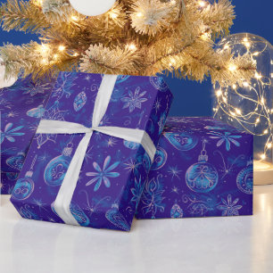 Christmas Ornaments Lights Floral Blue Christmas Wrapping Paper