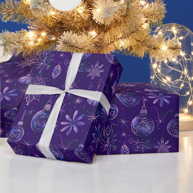 Christmas Ornaments Lights Floral Purple Christmas Wrapping Paper (Holidays)