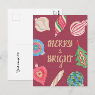 Christmas ornaments merry & bright Christmas Postcard