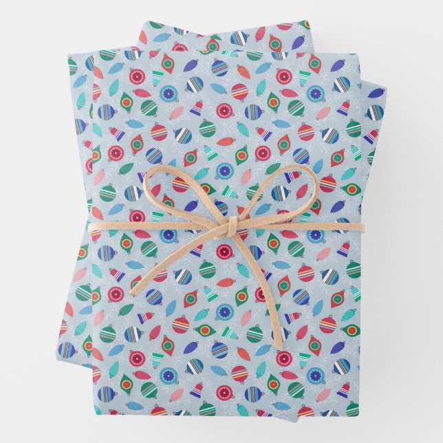 Christmas Ornaments Multicolor Retro Inspired Wrapping Paper Sheet (In situ)