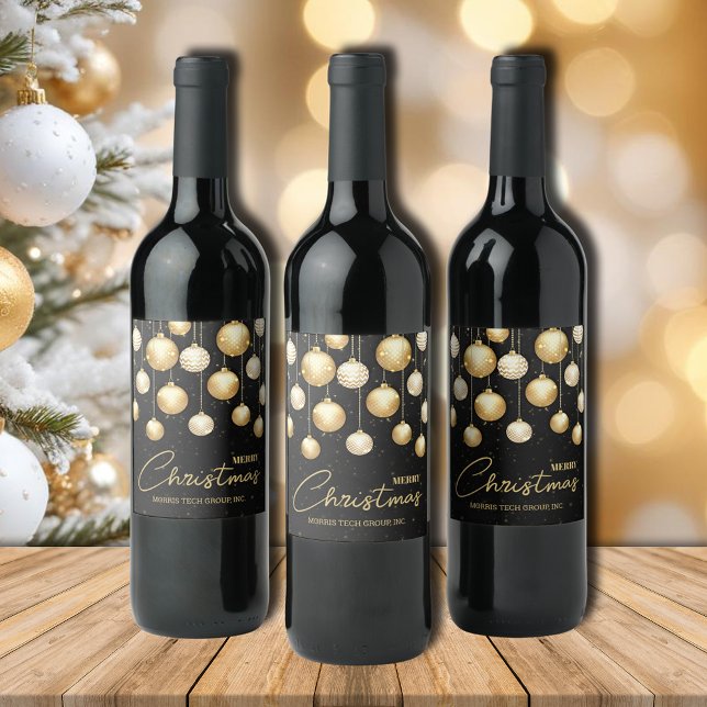Christmas Ornaments on Black Business Gift Wine Label (Christmas tree ornaments  business gift wine bottle labels personalized with your company name)