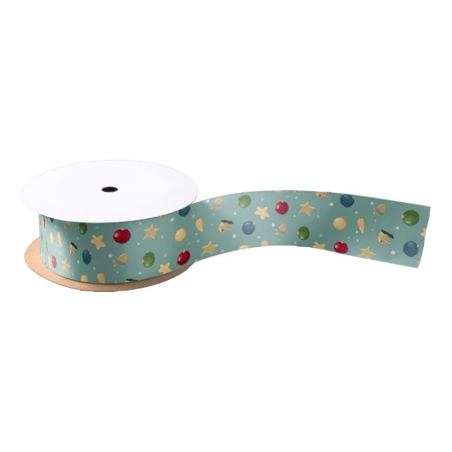 Christmas ornaments on turquoise satin ribbon (Spool)