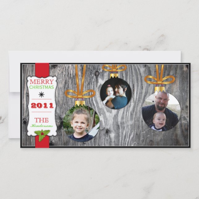Christmas Ornaments on Wood Holiday Photocard Card (Front)