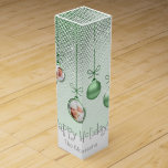 Christmas Ornaments Photo Template Green ID251 Wine Box<br><div class="desc">This beautiful wine box design incorporates three of your own photos inside hanging Christmas ornaments in shades of green. The background is a subtle gradient pattern of stylised Christmas trees. Optional text of "Happy Holidays' along with your name or company name can be changed using the provided template. Search ID251...</div>