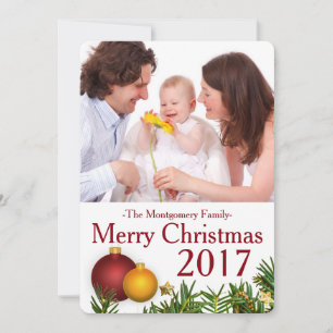 Christmas Ornaments & Pine Needles Family Photo Holiday Card