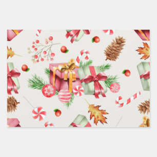 Christmas ornaments pinecones candy canes wrapping paper sheet