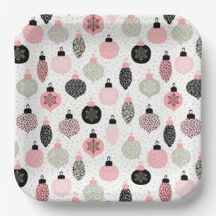 Christmas Ornaments Pink & Green White Background Paper Plate