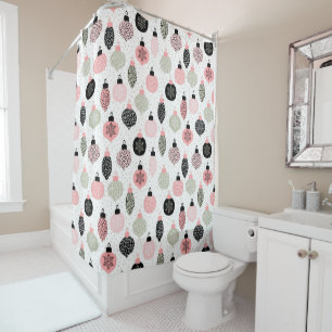 Christmas Ornaments Pink & Green White Background Shower Curtain