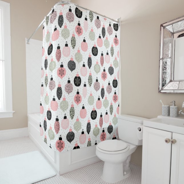 Christmas Ornaments Pink & Green White Background Shower Curtain (In Situ)