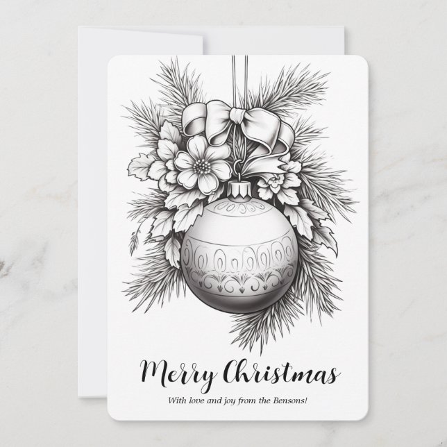 Christmas Ornaments Ribbon Pine Leaves Colouring Holiday Card (Front)