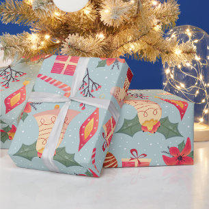 Christmas Ornaments, Socks and Red Poinsettia Wrapping Paper