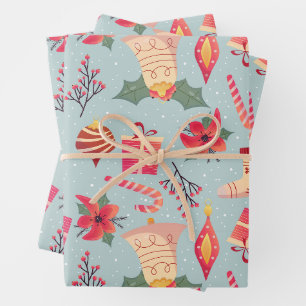 Christmas Ornaments, Socks and Red Poinsettia Wrapping Paper Sheet