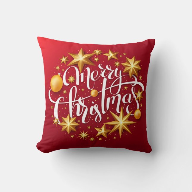 Christmas Ornaments Sparking Star Typography Red Cushion (Front)