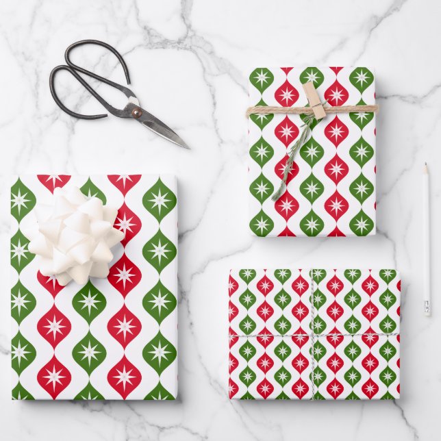 Christmas Ornaments & Star, Classic Red and Green Wrapping Paper Sheet (Front)