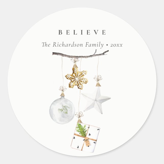 Christmas Ornaments Star Cookie Chime Believe Classic Round Sticker (Front)