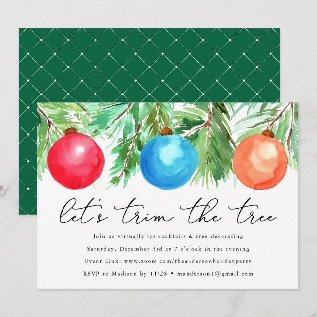 Christmas Ornaments Tree Trimming Virtual Party Invitation (Front/Back)