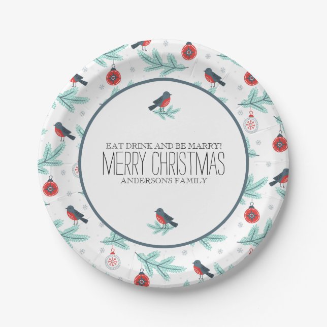 Christmas Ornaments Winter Foliage & Birds Pattern Paper Plate (Front)