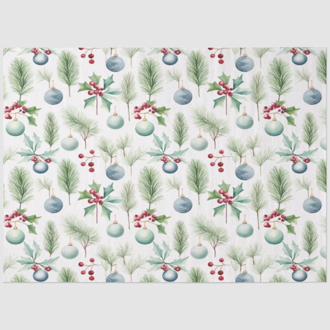 Christmas Ornaments With Holly Leaves Pattern Tissue Paper (Front)