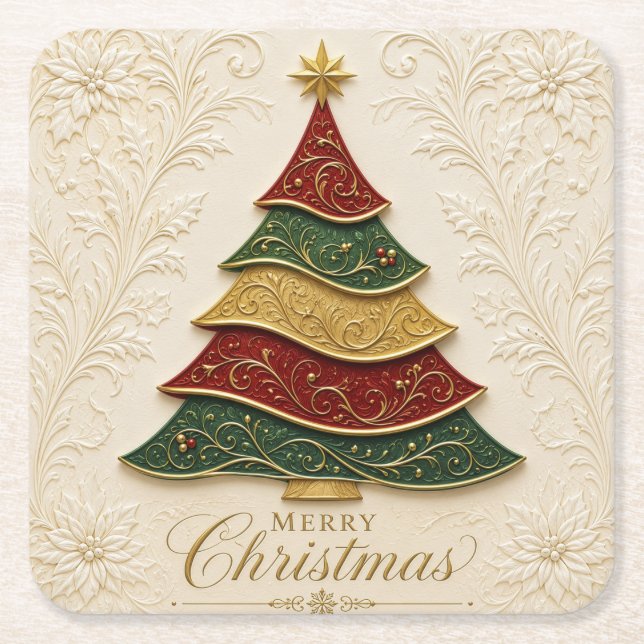 Christmas Ornate Gold Enamel Tree Square Paper Coaster (Front)