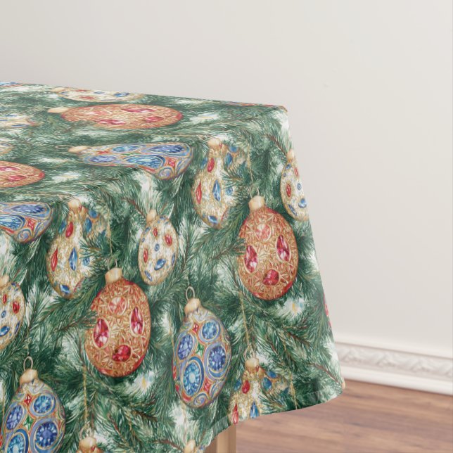 Christmas Ornate Ornaments Of Jewels On Pine  Tablecloth (In Situ)